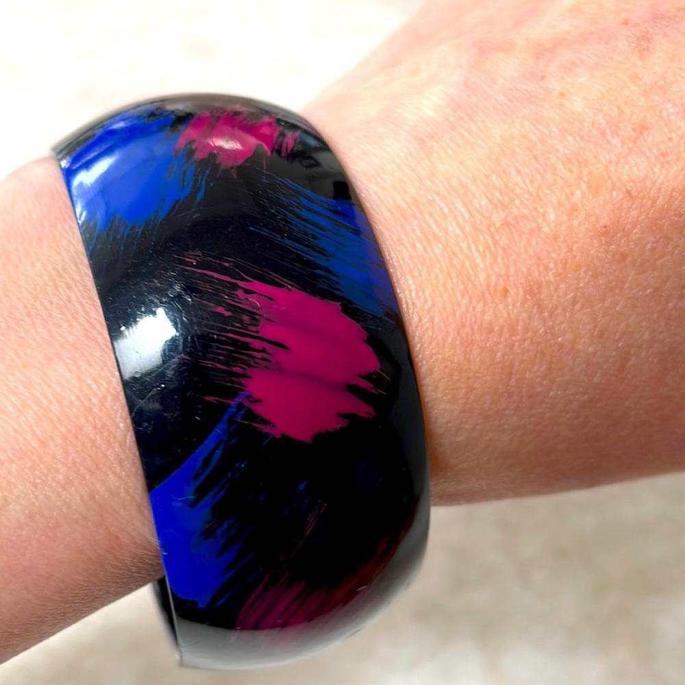 Vintage 80s Abstract Art Paint Splash Black Wood Ebony Bangle Bracelet